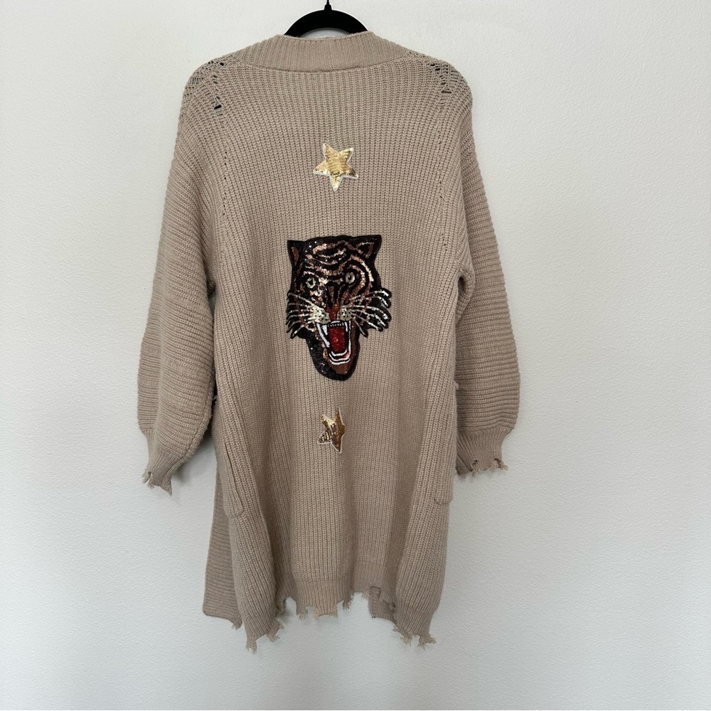 Beige Distressed Knit Cardigan with Tiger Applique